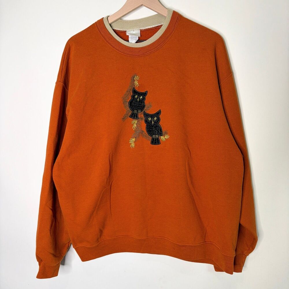 Vintage Pleasant Shade Sweatshirt Crewneck Embroidered Owl Fall Orange Women XL